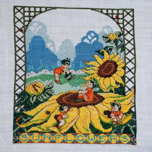 Cross-Stitched Embroidered Sunflowers & Baby Bees Wall Embroidery Art