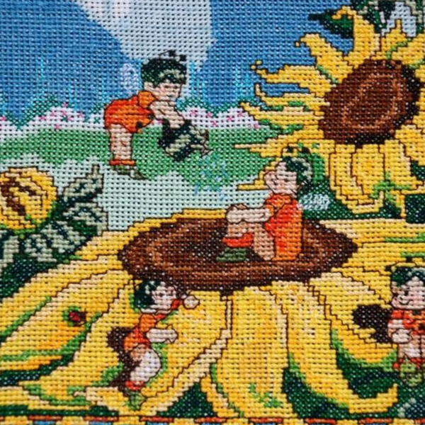 Cross-Stitched Embroidered Sunflowers & Baby Bees Wall Embroidery Art